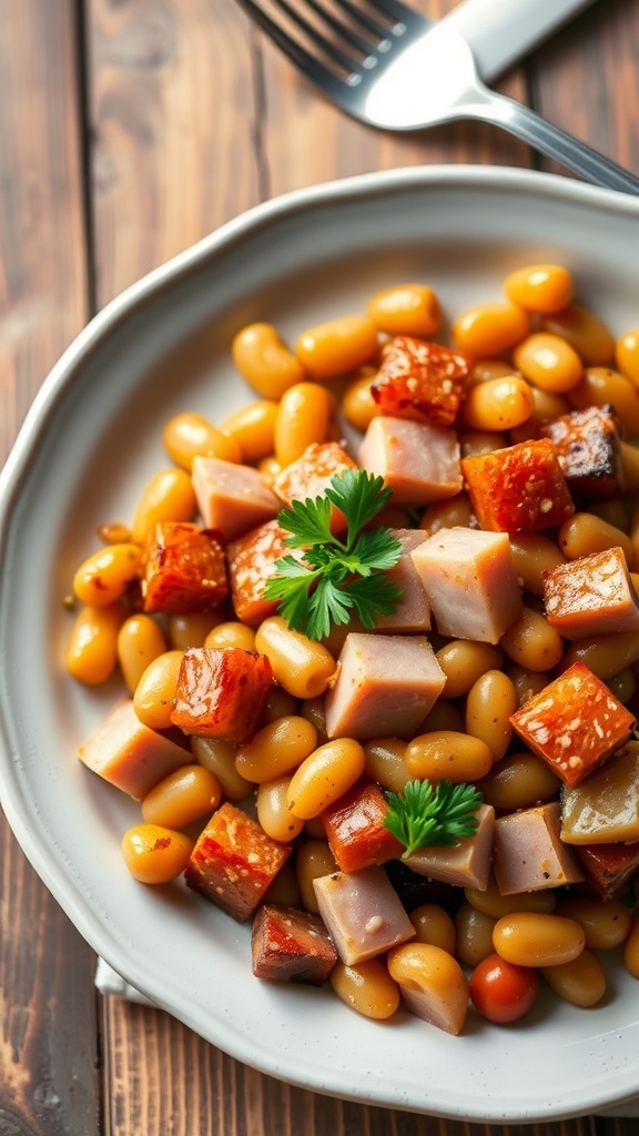 Air Fryer Ham and Beans Recipe A plate of crispy air fryer ham and beans garnished with parsley on a rustic table.